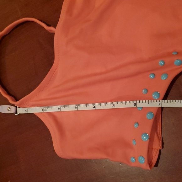 aerie Coral One-Piece Swimsuit with Cutout and Blue Studs. Size XL - Picture 4 of 4